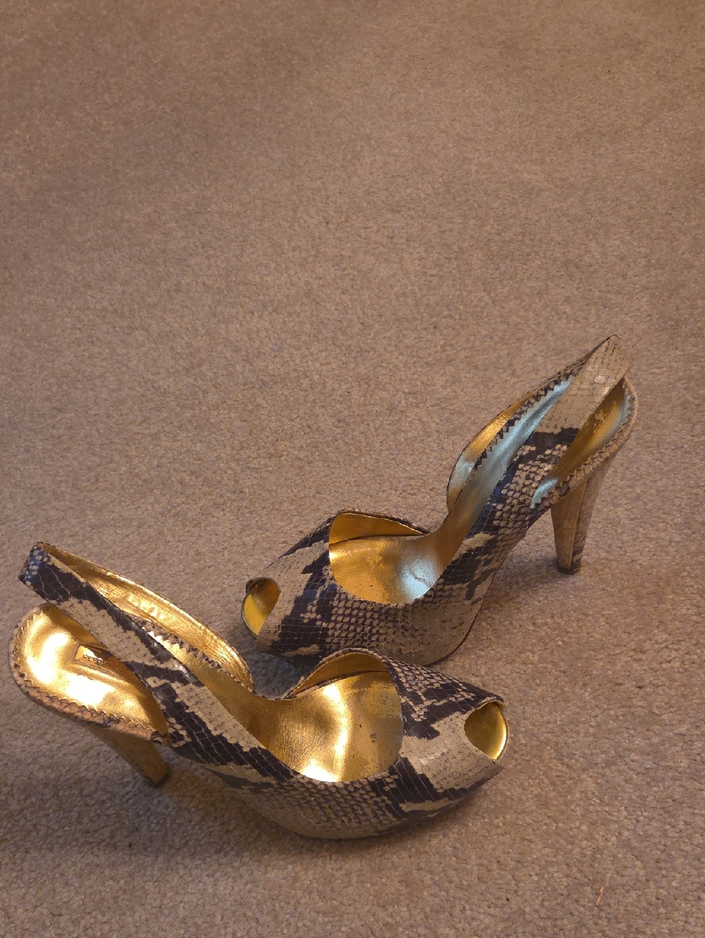 Report Signature Gold Snake-Print Peep Toe Slingback Heels